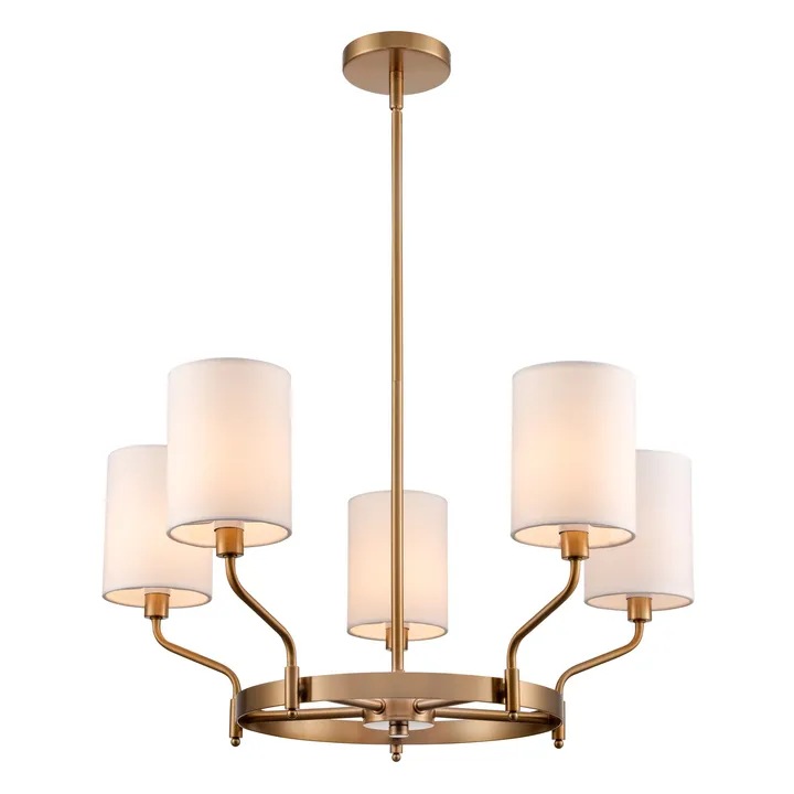 Five-arm brass chandelier with white fabric shades, model KLN-734
